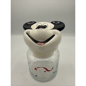 Vintage Walt Disney Mickey Mouse Jar Ceramic Top Clear Glass  Red White Blue 6”